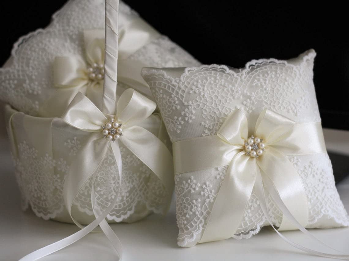 Flower Girl Basket and Ring Bearer Pillow Set, Flower Girl Baskets, Ivory Wedding Basket, Ivory Ring Pillow, Ringkissen, Lace Wedding Pillow (White, 1 Pillow)