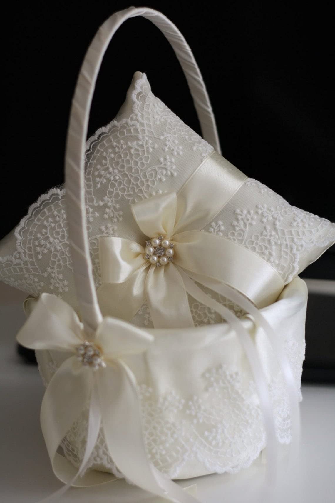 Flower Girl Basket and Ring Bearer Pillow Set, Flower Girl Baskets, Ivory Wedding Basket, Ivory Ring Pillow, Ringkissen, Lace Wedding Pillow (White, 1 Pillow)