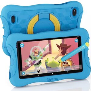 contixo kids tablet v10+, 7-inch hd, ages 3-7, toddler tablet with camera, parental control, android 10, 32gb, wifi, learning tablet for children with teacher's approved apps and kid-proof case, blue
