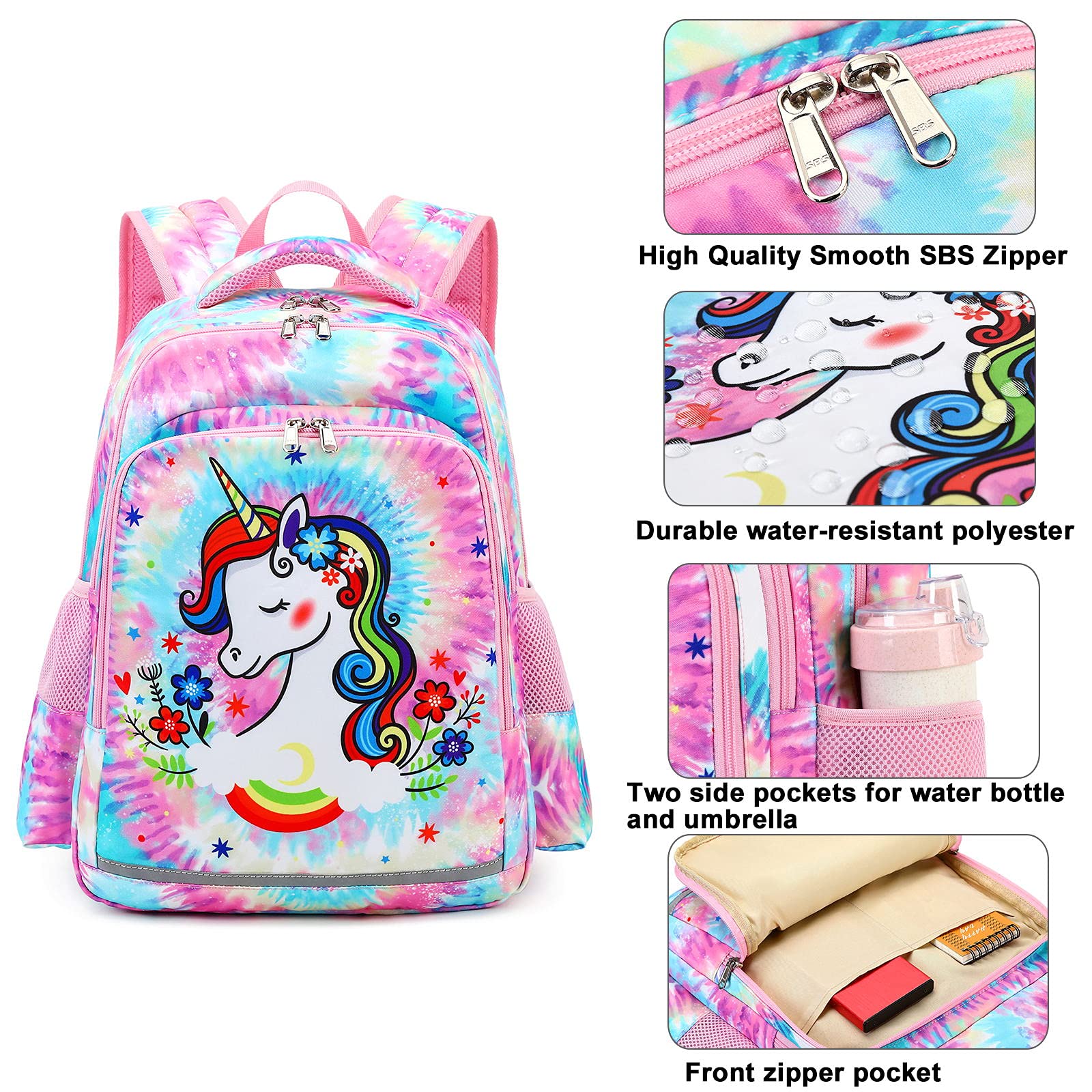 BTOOP Kids Backpack for Girls Preschool Backpacks Toddler Kindergarten School Bag with Chest Strap (Rainbow tie dye 6)