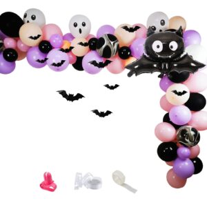 hpwf halloween baby shower decorations for girl, pink purple black halloween balloon garland arch kit, bat foil balloons, bats wall stickers for halloween witch party decorations baby shower …