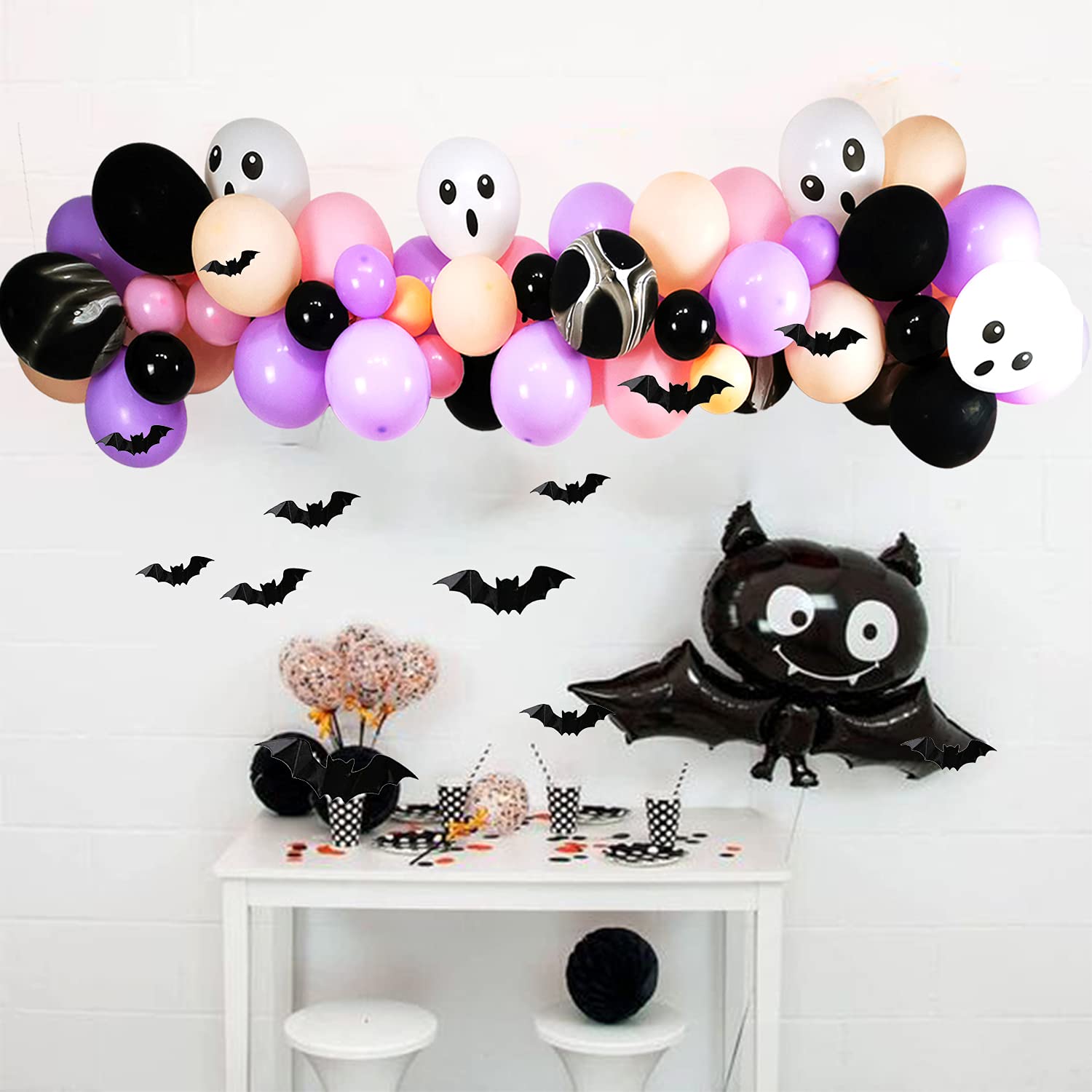 HPWF Halloween Baby Shower Decorations for Girl, Pink Purple Black Halloween Balloon Garland Arch Kit, Bat Foil Balloons, Bats Wall Stickers for Halloween Witch Party Decorations Baby Shower …