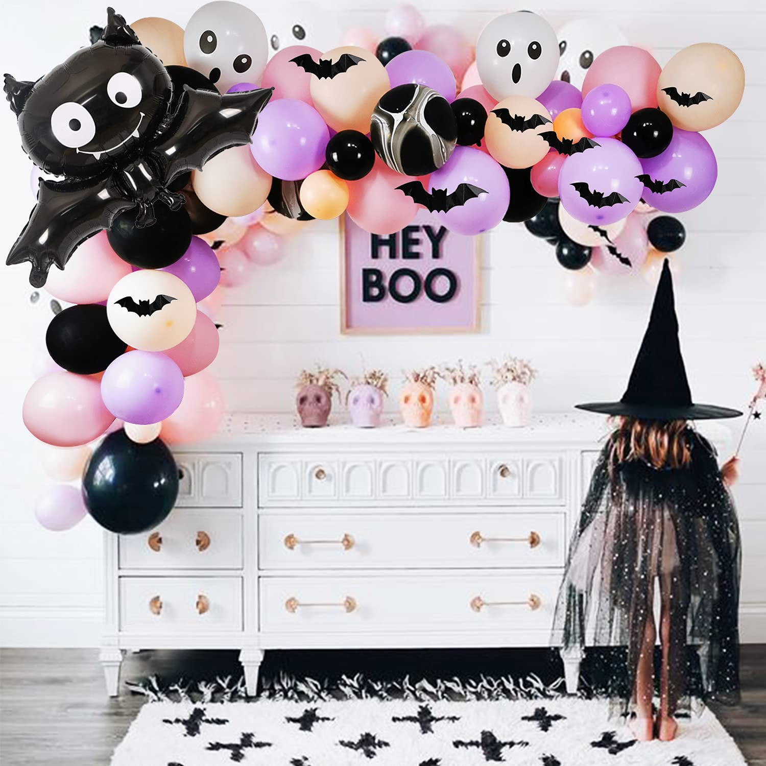 HPWF Halloween Baby Shower Decorations for Girl, Pink Purple Black Halloween Balloon Garland Arch Kit, Bat Foil Balloons, Bats Wall Stickers for Halloween Witch Party Decorations Baby Shower …