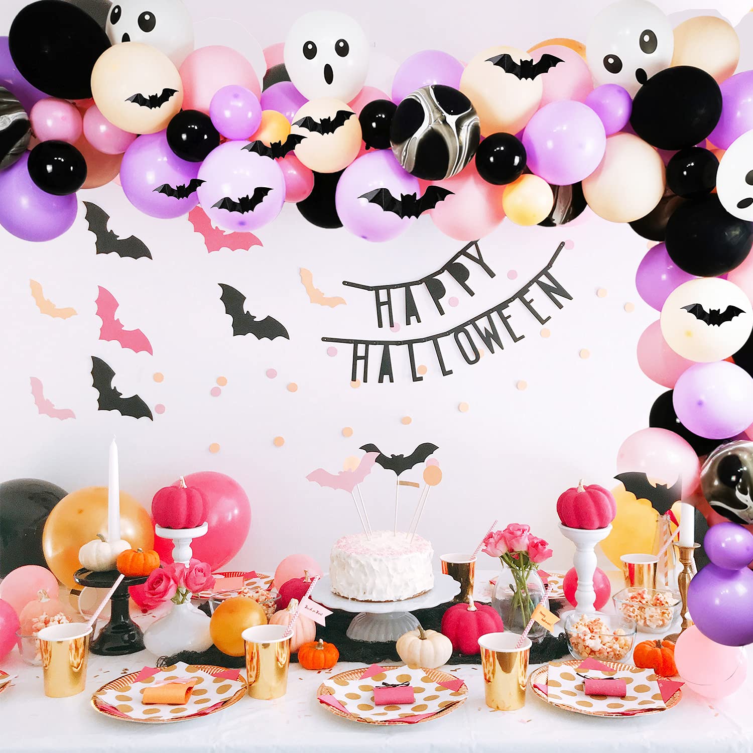 HPWF Halloween Baby Shower Decorations for Girl, Pink Purple Black Halloween Balloon Garland Arch Kit, Bat Foil Balloons, Bats Wall Stickers for Halloween Witch Party Decorations Baby Shower …