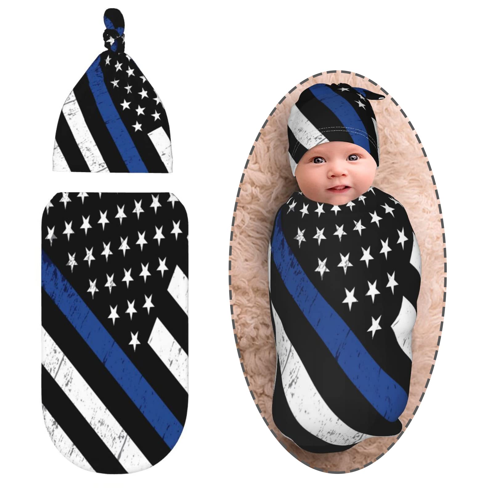 Socira American Flag Newborn Swaddle Blanket And Beanie Hat Set Police Blue Line Flag,Stretch Infant Receiving Blanket,Warm Swaddling Wrap,Breathable Sleep Sacks Shower Gifts For Baby Boy And Girl