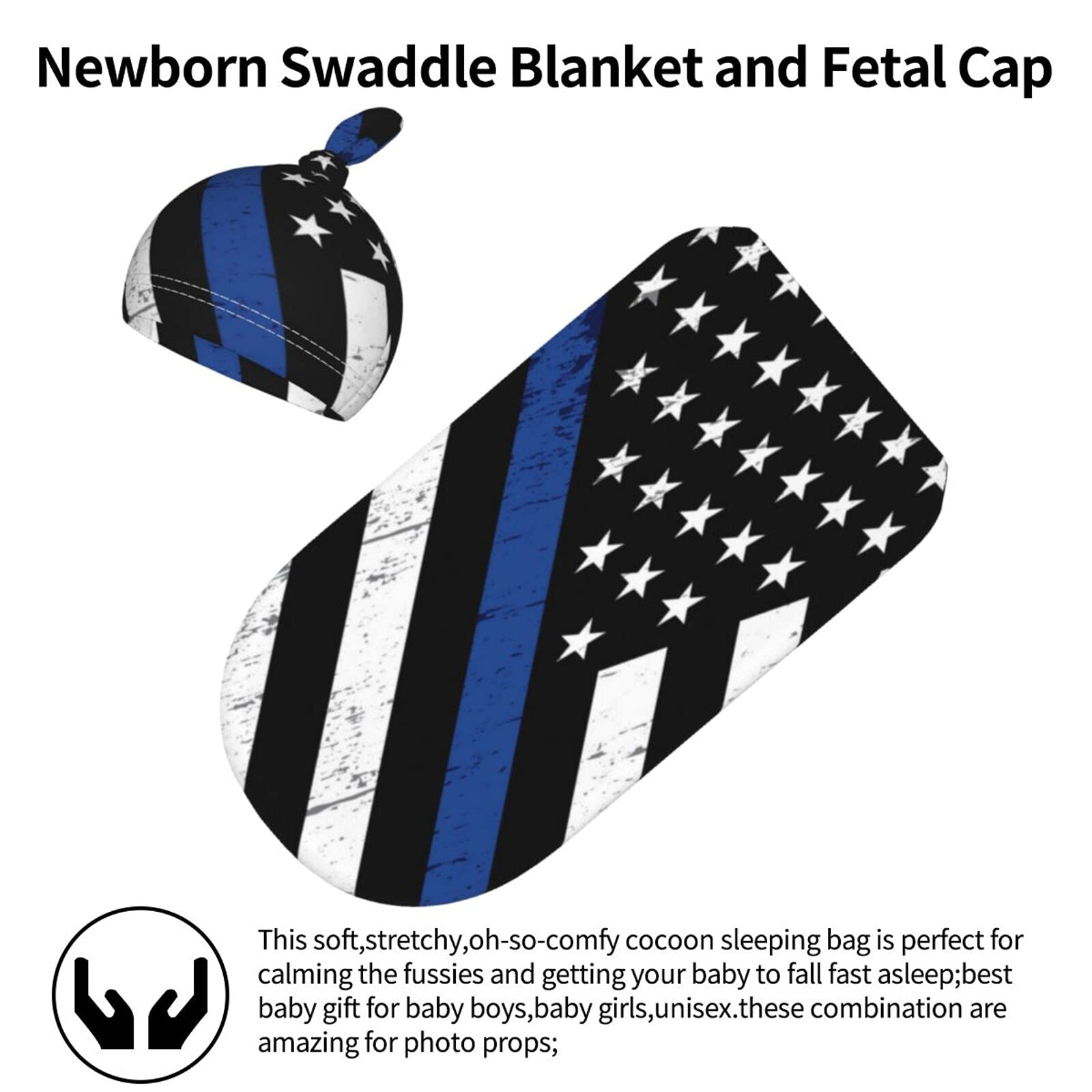 Socira American Flag Newborn Swaddle Blanket And Beanie Hat Set Police Blue Line Flag,Stretch Infant Receiving Blanket,Warm Swaddling Wrap,Breathable Sleep Sacks Shower Gifts For Baby Boy And Girl