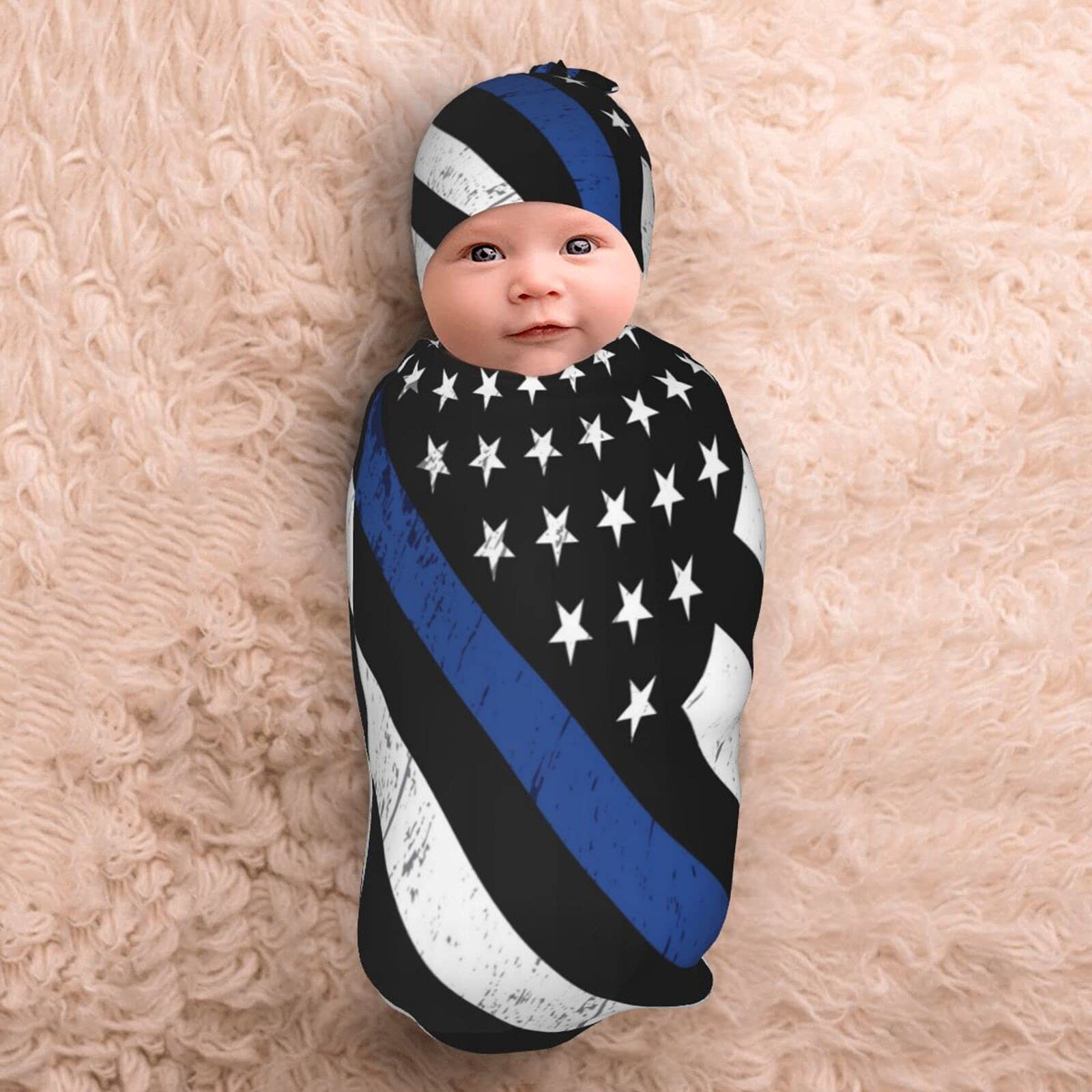 Socira American Flag Newborn Swaddle Blanket And Beanie Hat Set Police Blue Line Flag,Stretch Infant Receiving Blanket,Warm Swaddling Wrap,Breathable Sleep Sacks Shower Gifts For Baby Boy And Girl