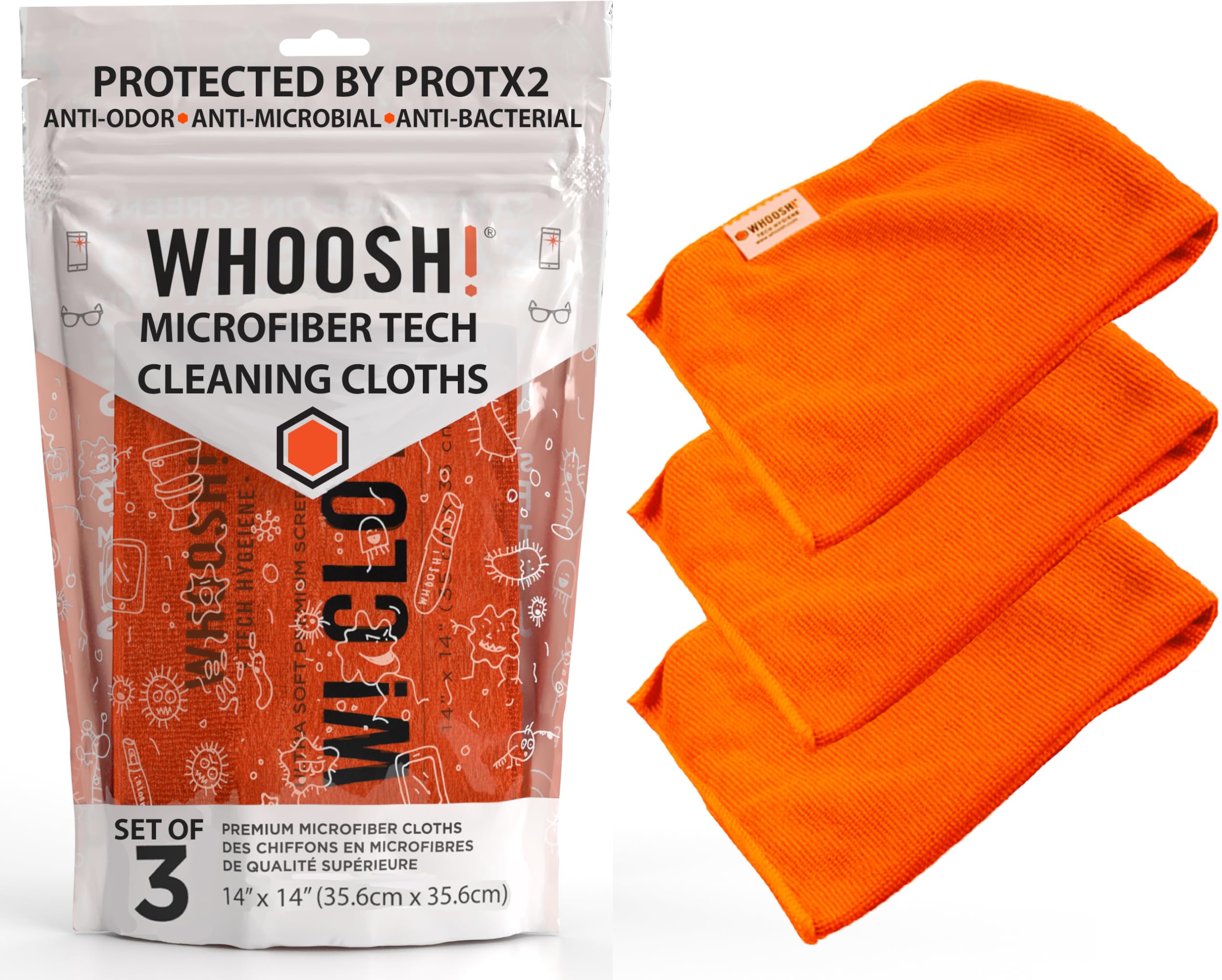 WHOOSH! Microfiber Cleaning Cloth, 3 Pack, Glasses and Screen Cleaning Cloth, Suitable for TV, Car Screen, Computer, Laptop, iPad, MacBook, Smart Phone, Monitor, Watches (14”x14”), Orange