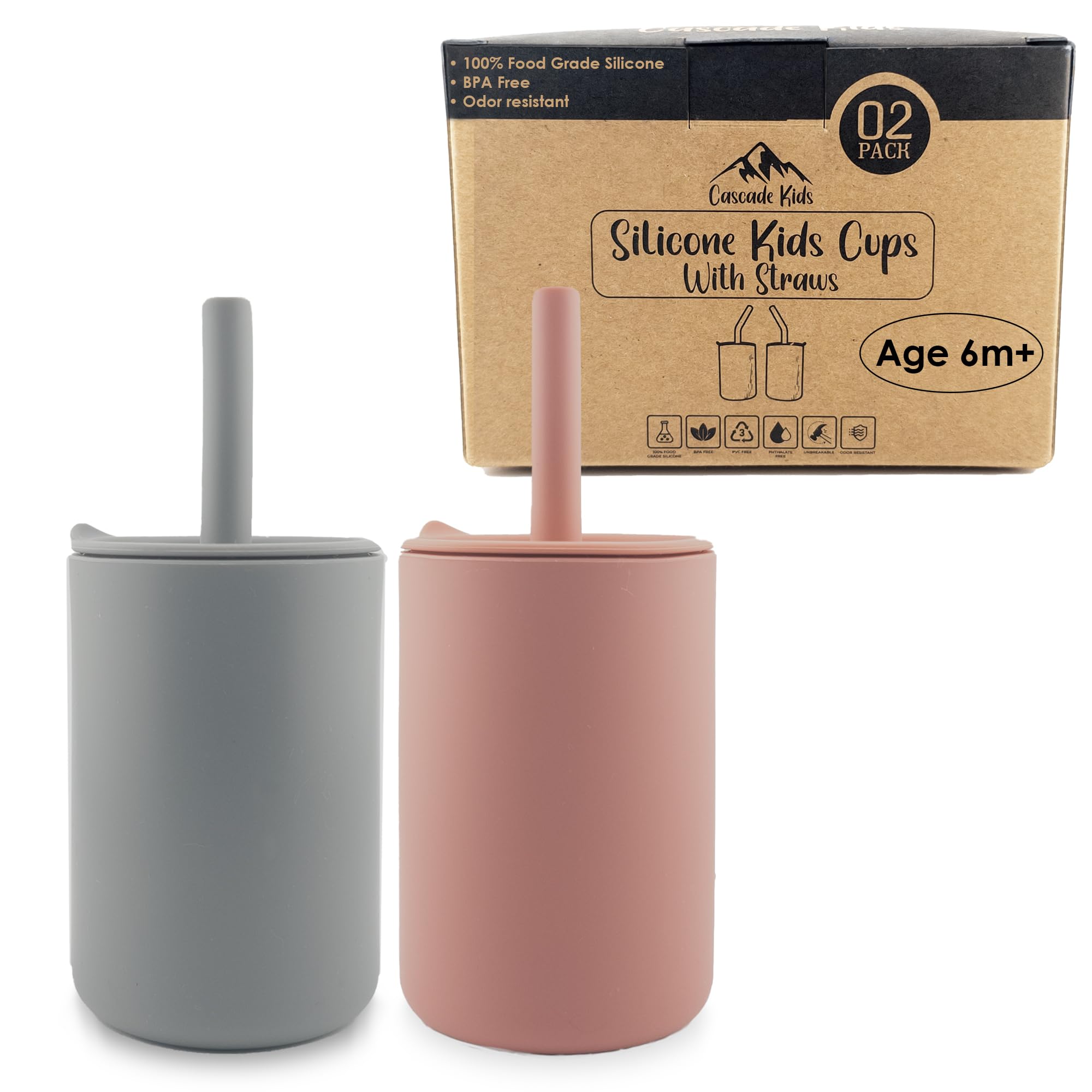 Cascade Kids Silicone Kids Cups with Straws - Set of 2, Unbreakable Training Cup with Straw for Babies and Toddlers for less mess, BPA-Free Silicone Baby cup, 6+ Month, 6oz, (Rose Pink/Stone Grey)