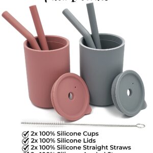 Cascade Kids Silicone Kids Cups with Straws - Set of 2, Unbreakable Training Cup with Straw for Babies and Toddlers for less mess, BPA-Free Silicone Baby cup, 6+ Month, 6oz, (Rose Pink/Stone Grey)