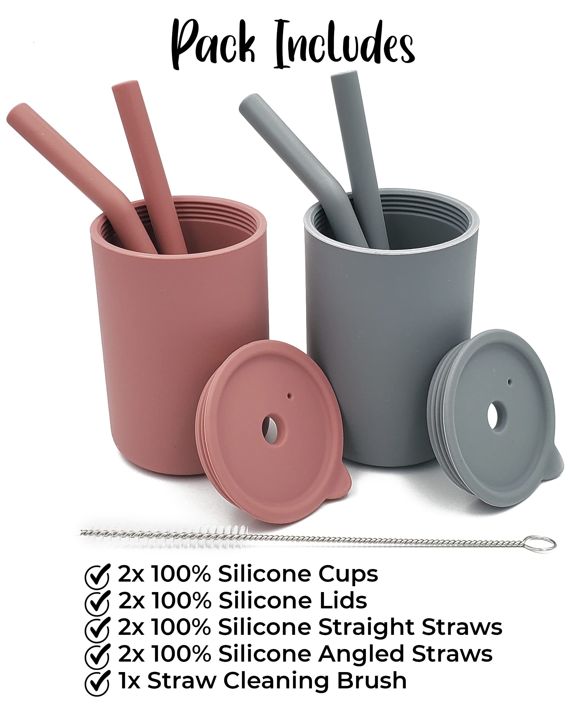 Cascade Kids Silicone Kids Cups with Straws - Set of 2, Unbreakable Training Cup with Straw for Babies and Toddlers for less mess, BPA-Free Silicone Baby cup, 6+ Month, 6oz, (Rose Pink/Stone Grey)