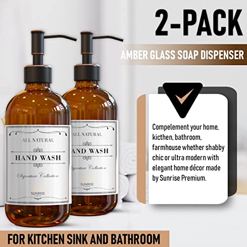 Sunrise Premium 2 Pack Amber Glass Soap Dispenser 16 OZ with Oil Rubbed Bronze Stainless Steel Pump, Hand and Dish Soap Dispenser Set for Bathroom and Kitchen Sink with 6 Waterproof Labels