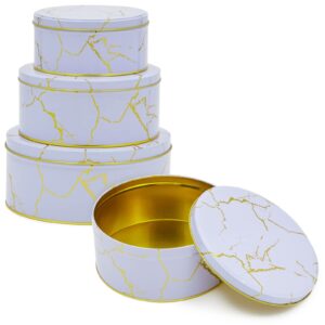 juvale set of 3 marbled round nesting tins with lids, circular metal kitchen storage containers for cookies, candy, popcorn, cupcakes, biscotti, and treats in 3 sizes (lavender and gold)