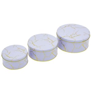 Juvale Set of 3 Marbled Round Nesting Tins with Lids, Circular Metal Kitchen Storage Containers for Cookies, Candy, Popcorn, Cupcakes, Biscotti, and Treats in 3 Sizes (Lavender and Gold)