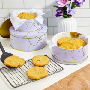 Juvale Set of 3 Marbled Round Nesting Tins with Lids, Circular Metal Kitchen Storage Containers for Cookies, Candy, Popcorn, Cupcakes, Biscotti, and Treats in 3 Sizes (Lavender and Gold)