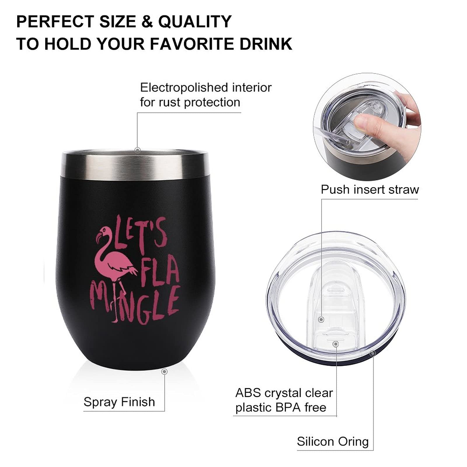 Pink Flamingo Let's Flamingle Wine Tumbler with Sliding Lid Stemless Stainless Steel Insulated Cup Outdoor Camping Mug black-style1