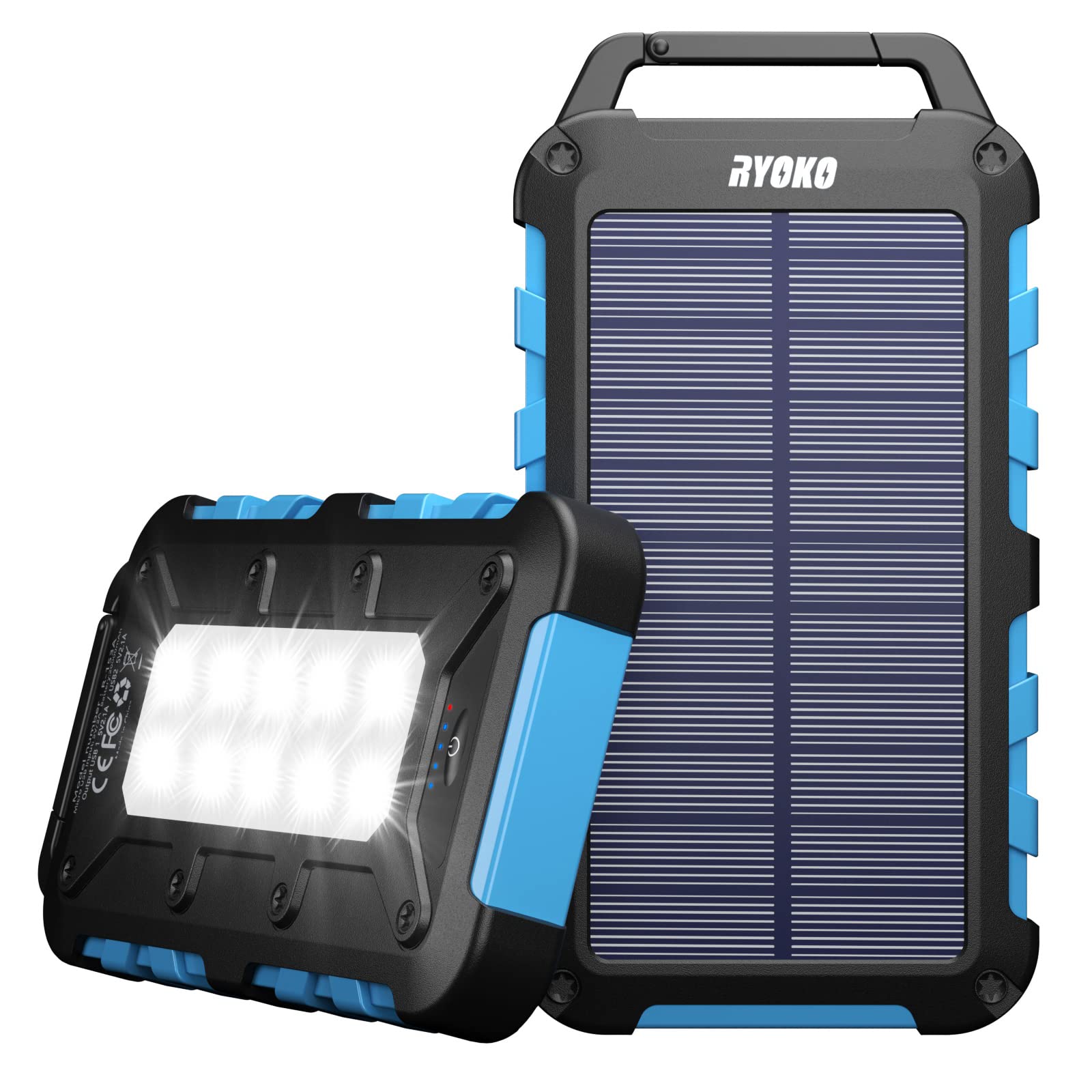 Ryoko Solar Charger Power Bank 20000mAh, Solar Phone Charger with Dual USB 5V Output, 10 LED Flashlights, Waterproof Outdoor Battery Pack for iPhone, Samsung, Switch, Tablet