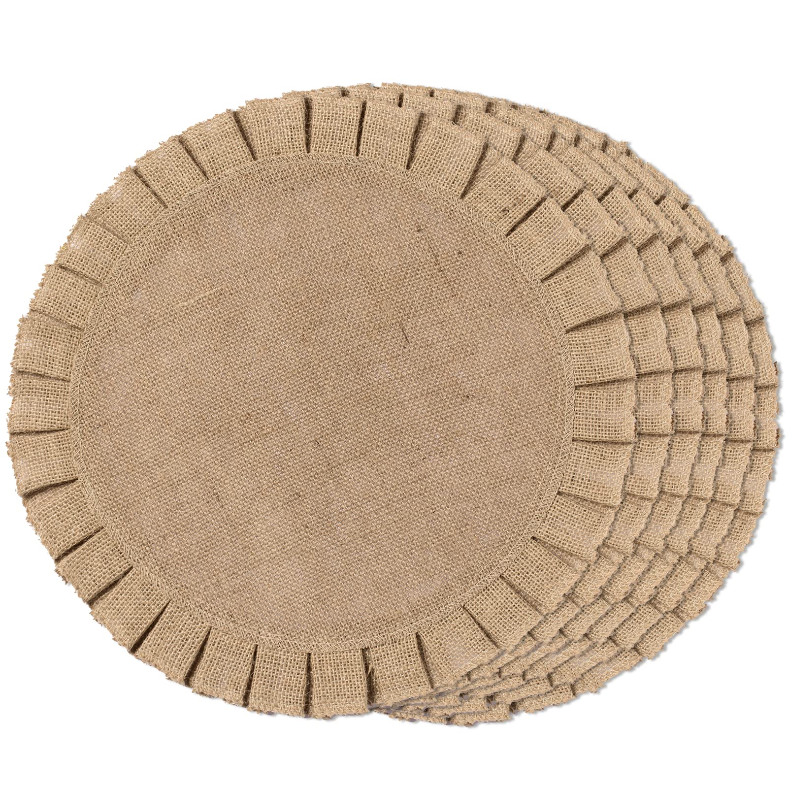 FunWheat Burlap Round Braided Placemats Set of 6 for Dining Tables 15 Inch Heat Resistant Jute Table Mats Farmhouse Woven Fabric Natural Place mats for Spring Easter Decorations(Ruffled Lace)