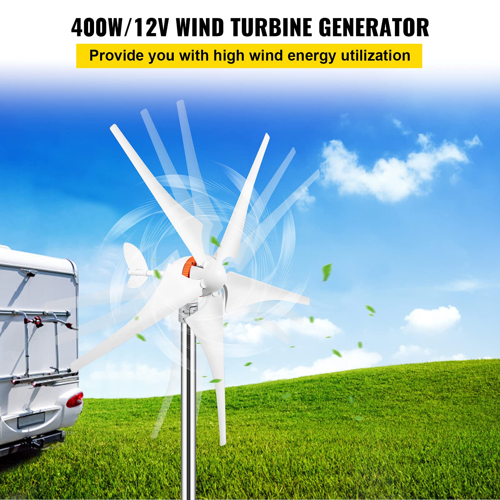 VEVOR, 12V/AC Turbine Kit, 400W Wind Power Generator with MPPT Controller 5 Blades Auto Adjust Windward Direction Suitable for Terrace, Marine, Motor Home, Chalet, Boat, White