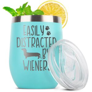 shop4ever Easily Distracted By Engraved Insulated Stainless Steel Wine Tumbler with Lid Funny Dachshund Weiner Dog Mom Gift (Teal)