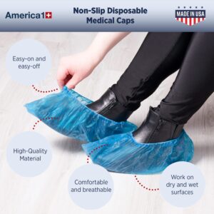 America 1 Non Slip Disposable Shoe Covers Pack of 100 | Disposable Shoe and Boot Covers for Wet or Dry Surfaces | Floor and Shoe Protector for Workplace, Construction, Indoor Carpets | One Size