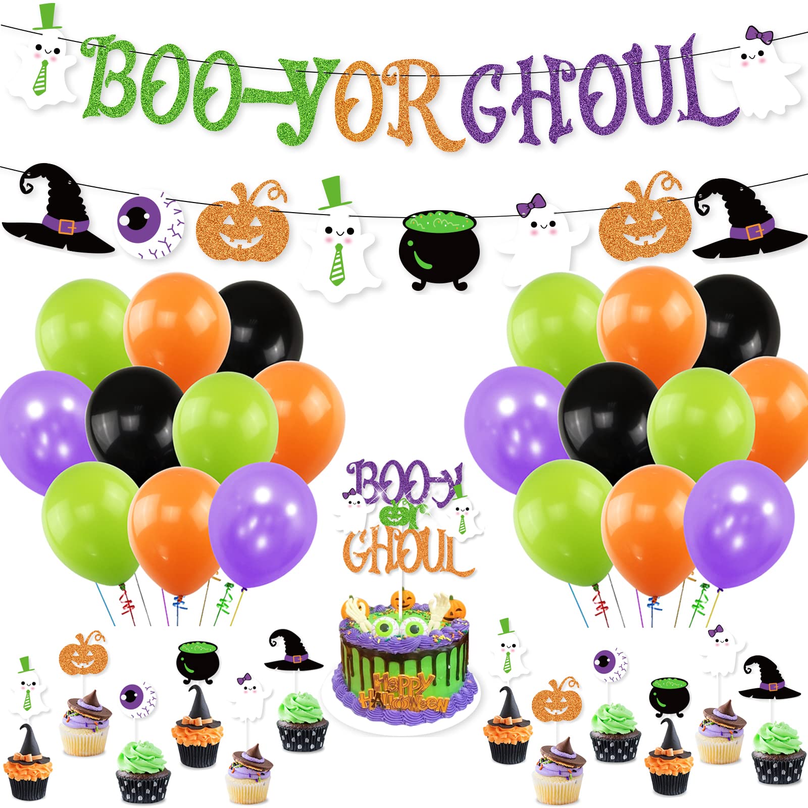 Halloween Gender Reveal Party Decoration Boo-y or Ghoul Baby Shower Banner Cake Cupcake Topper Purple Green Balloons Fall Boy Or Girl Sex Announcement Ideas Favor Supplies