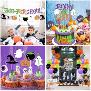 Halloween Gender Reveal Party Decoration Boo-y or Ghoul Baby Shower Banner Cake Cupcake Topper Purple Green Balloons Fall Boy Or Girl Sex Announcement Ideas Favor Supplies
