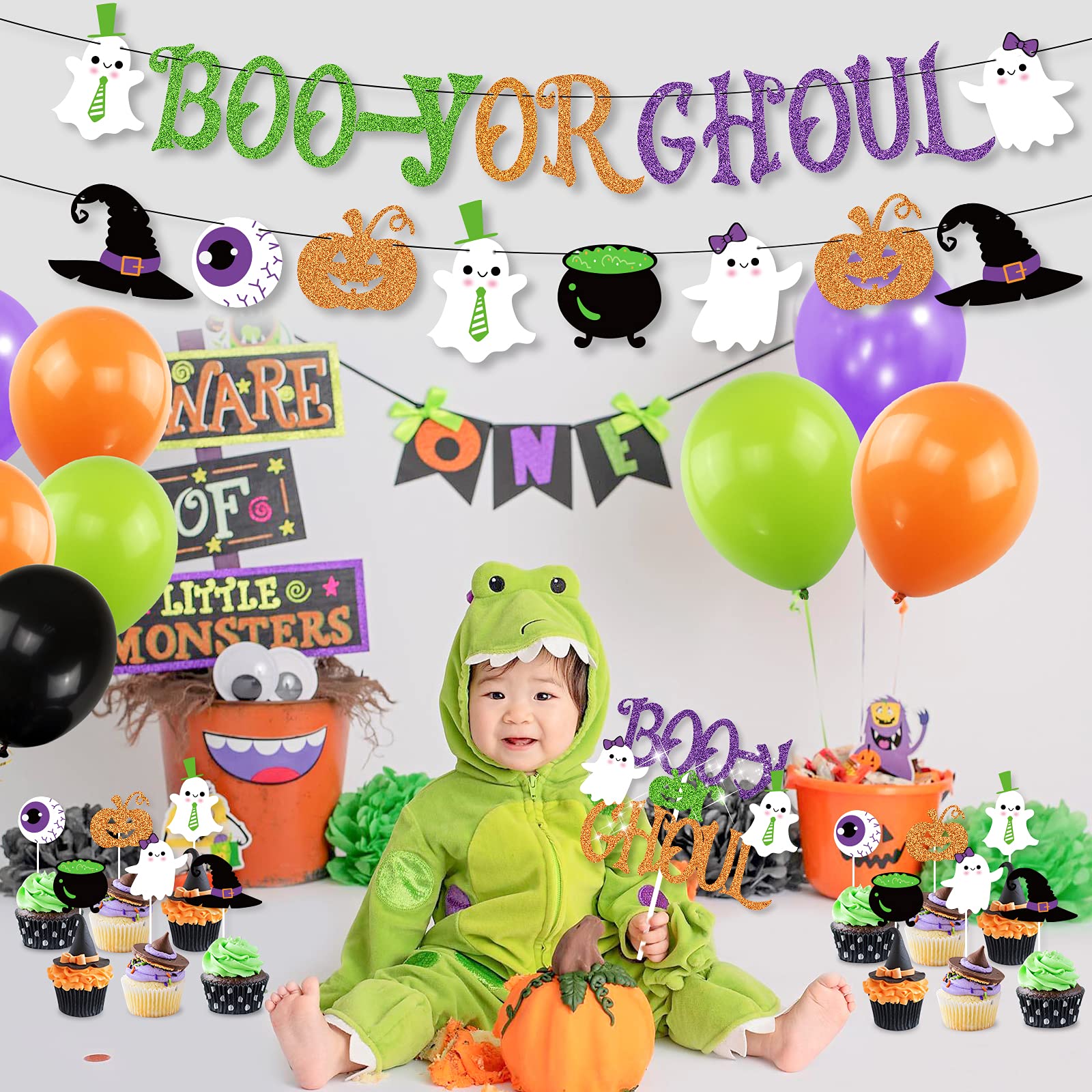 Halloween Gender Reveal Party Decoration Boo-y or Ghoul Baby Shower Banner Cake Cupcake Topper Purple Green Balloons Fall Boy Or Girl Sex Announcement Ideas Favor Supplies