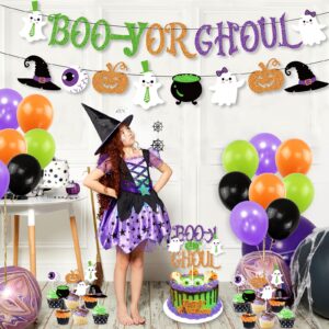 Halloween Gender Reveal Party Decoration Boo-y or Ghoul Baby Shower Banner Cake Cupcake Topper Purple Green Balloons Fall Boy Or Girl Sex Announcement Ideas Favor Supplies