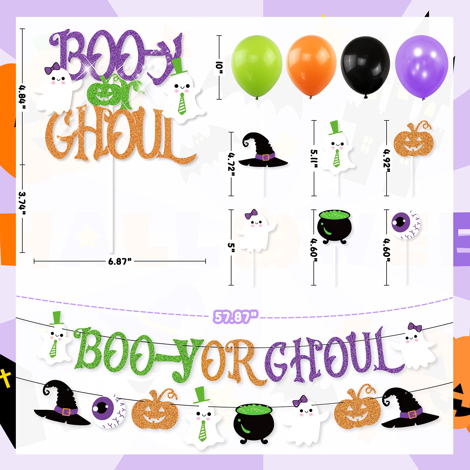 Halloween Gender Reveal Party Decoration Boo-y or Ghoul Baby Shower Banner Cake Cupcake Topper Purple Green Balloons Fall Boy Or Girl Sex Announcement Ideas Favor Supplies