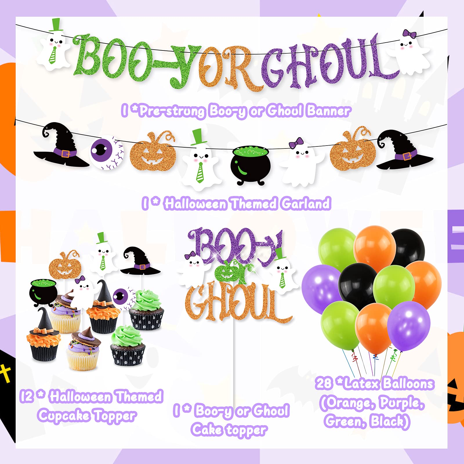 Halloween Gender Reveal Party Decoration Boo-y or Ghoul Baby Shower Banner Cake Cupcake Topper Purple Green Balloons Fall Boy Or Girl Sex Announcement Ideas Favor Supplies