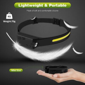 LED Headlamp, Pluralla Rechargeable Headlamps with 230°Wide Beam Headlight with Motion Sensor Bright 5 Modes Lightweight Sweat Proof Head Flashlight for Outdoor Running, Camping, Fishing, Hiking-Black