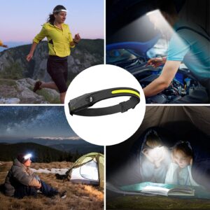 LED Headlamp, Pluralla Rechargeable Headlamps with 230°Wide Beam Headlight with Motion Sensor Bright 5 Modes Lightweight Sweat Proof Head Flashlight for Outdoor Running, Camping, Fishing, Hiking-Black