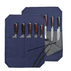 denifiter chef's knife bag with 5 slots, wax canvas knife roll with professional anti cutting fabric inside (blue-one)