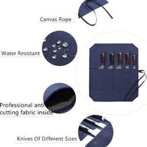 Denifiter Chef's Knife Bag With 5 Slots, Wax Canvas Knife roll with Professional Anti Cutting Fabric Inside (Blue-One)