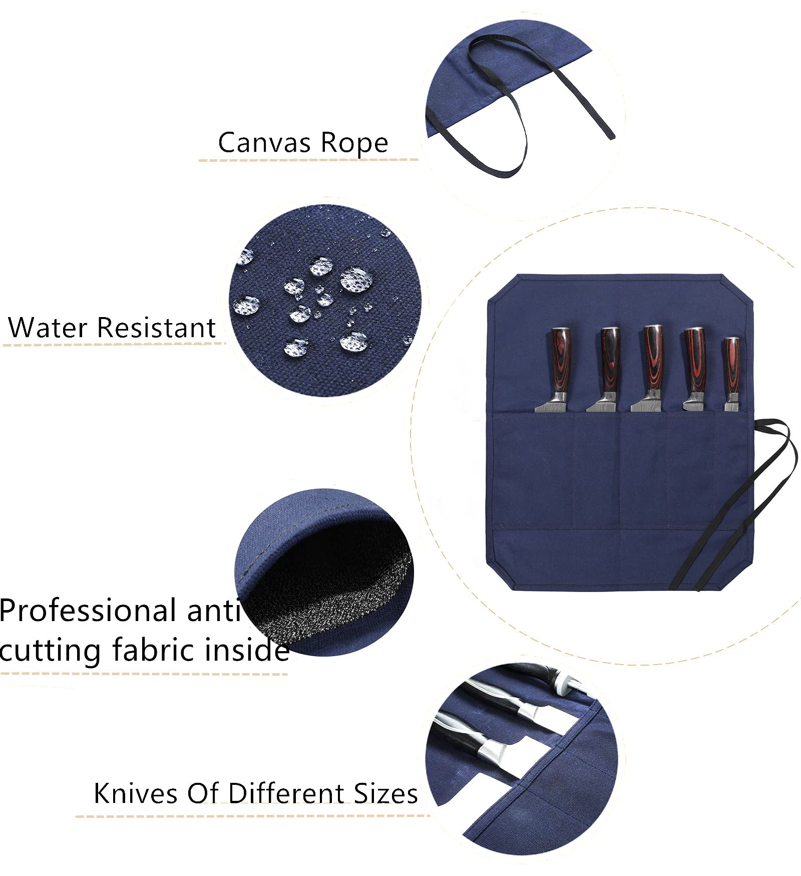 Denifiter Chef's Knife Bag With 5 Slots, Wax Canvas Knife roll with Professional Anti Cutting Fabric Inside (Blue-One)