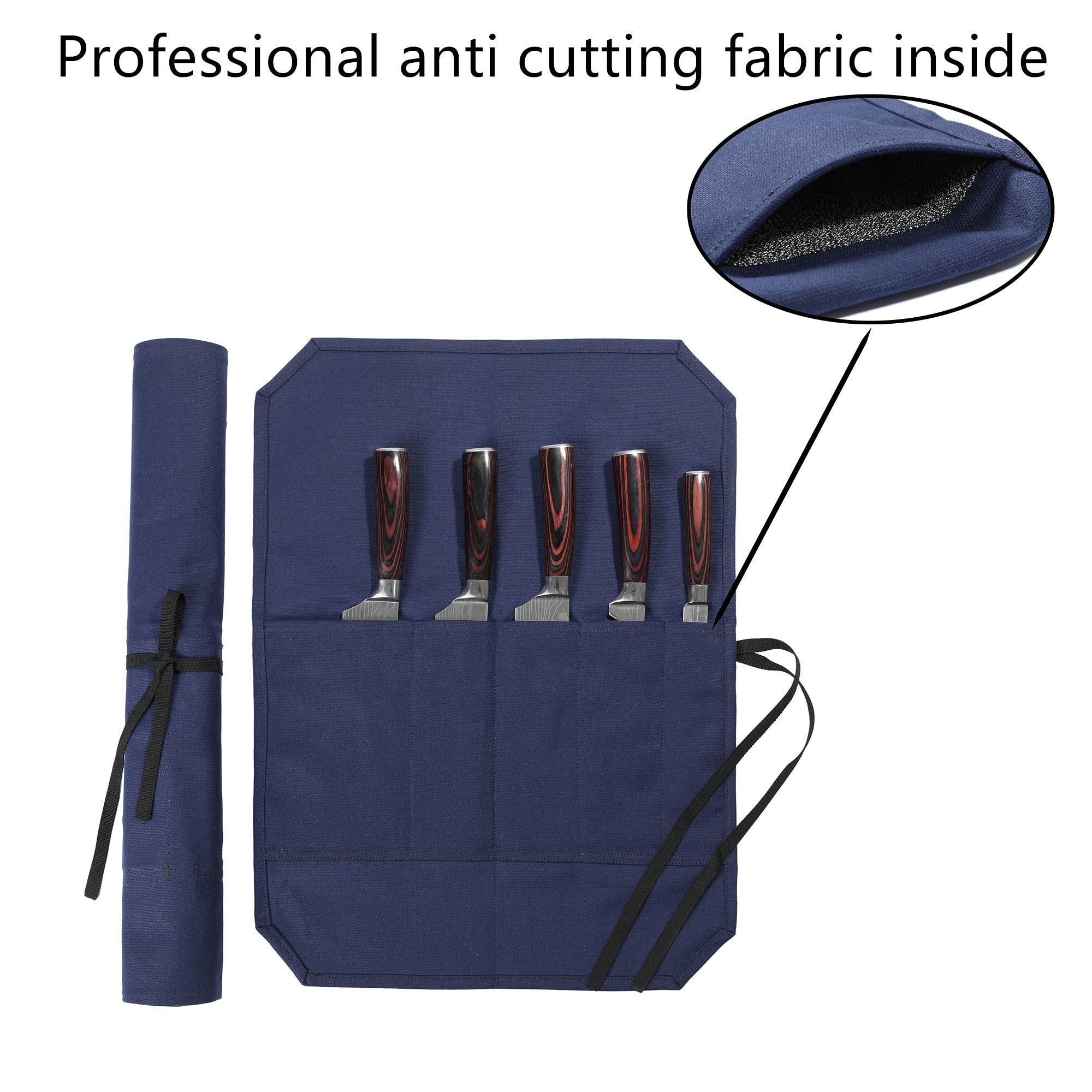 Denifiter Chef's Knife Bag With 5 Slots, Wax Canvas Knife roll with Professional Anti Cutting Fabric Inside (Blue-One)