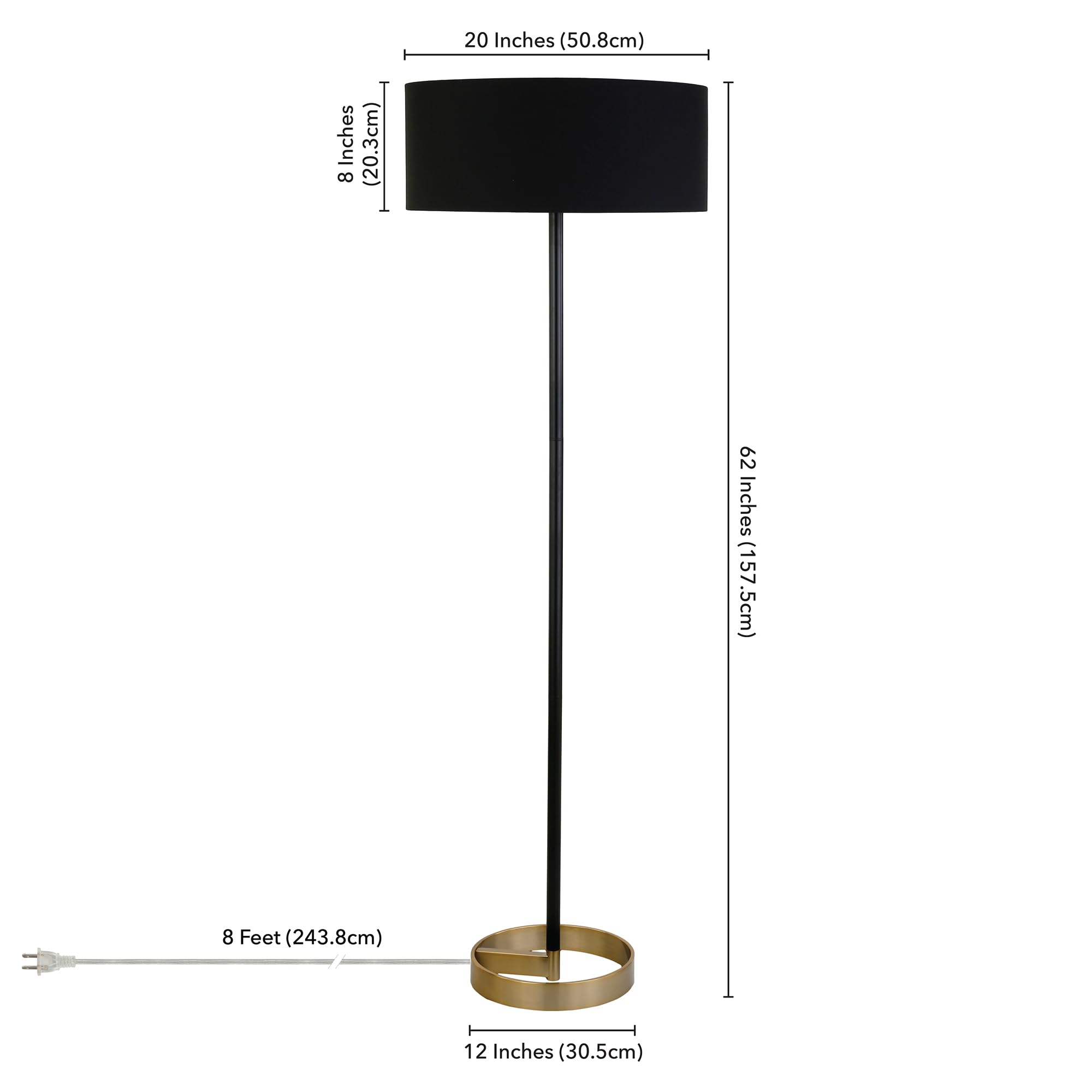 Henn&Hart Estella Two-Tone Floor Lamp with Fabric Shade in Matte Black/Brass/Black, 62" Tall