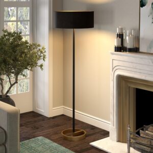 Henn&Hart Estella Two-Tone Floor Lamp with Fabric Shade in Matte Black/Brass/Black, 62" Tall