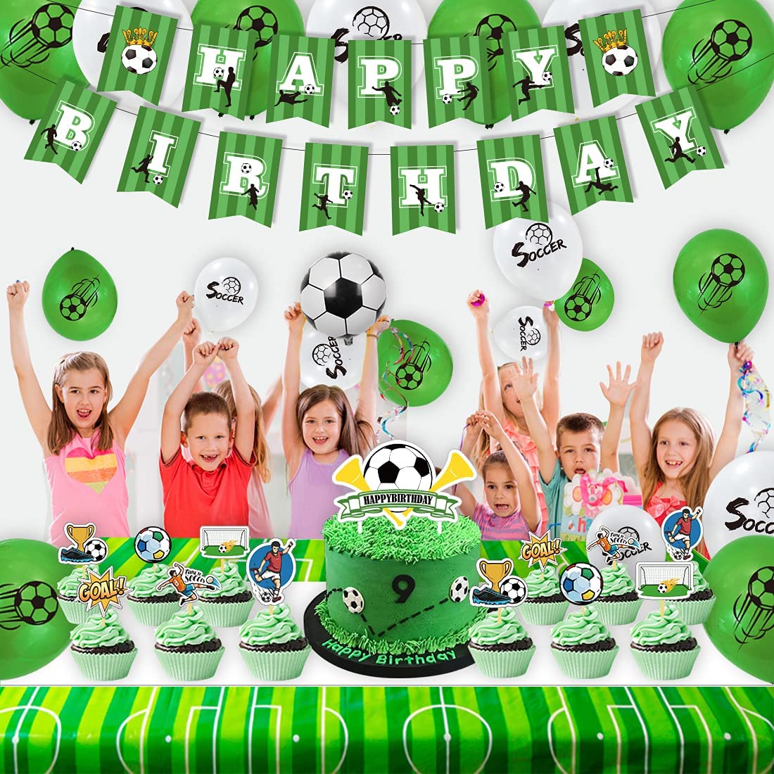 Soccer Party Supplies, Soccer Birthday Party Decorations, Soccer Theme Party Pack Including Banner, Tablecloth, Cake Topper, Cupcake Toppers, Balloons, Soccer Sports Party Supplies for Kids by HAFTSS