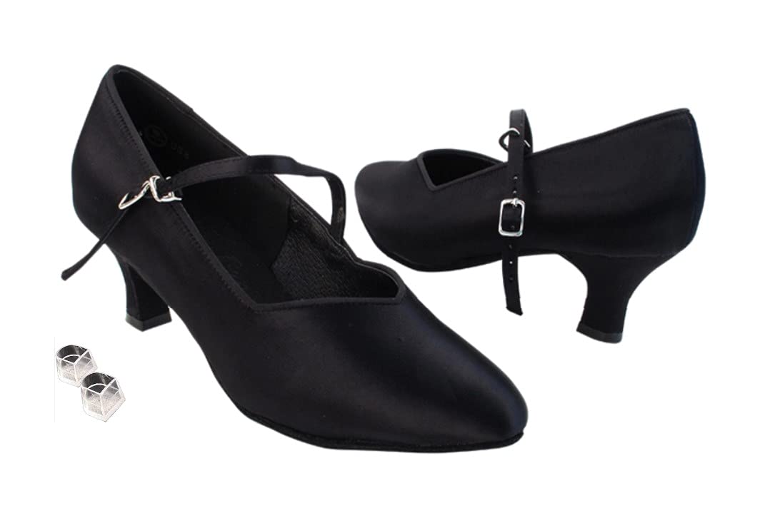 Very Fine Dancesport Shoes Ladies' Standard & Smooth Closed Toe Dance for Salsa Latin Tango Ballroom Dancing with Ankle Strap 2 in Slim Heel 1 Pair of Protectors Bundle (Black Satin, Numeric_9)