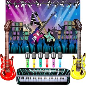 inflatable rock star toy set 80s 90s party decorations blow up party props musical instrument include inflatable backdrop banner, microphone, guitar, bass and keyboard for rock party favor