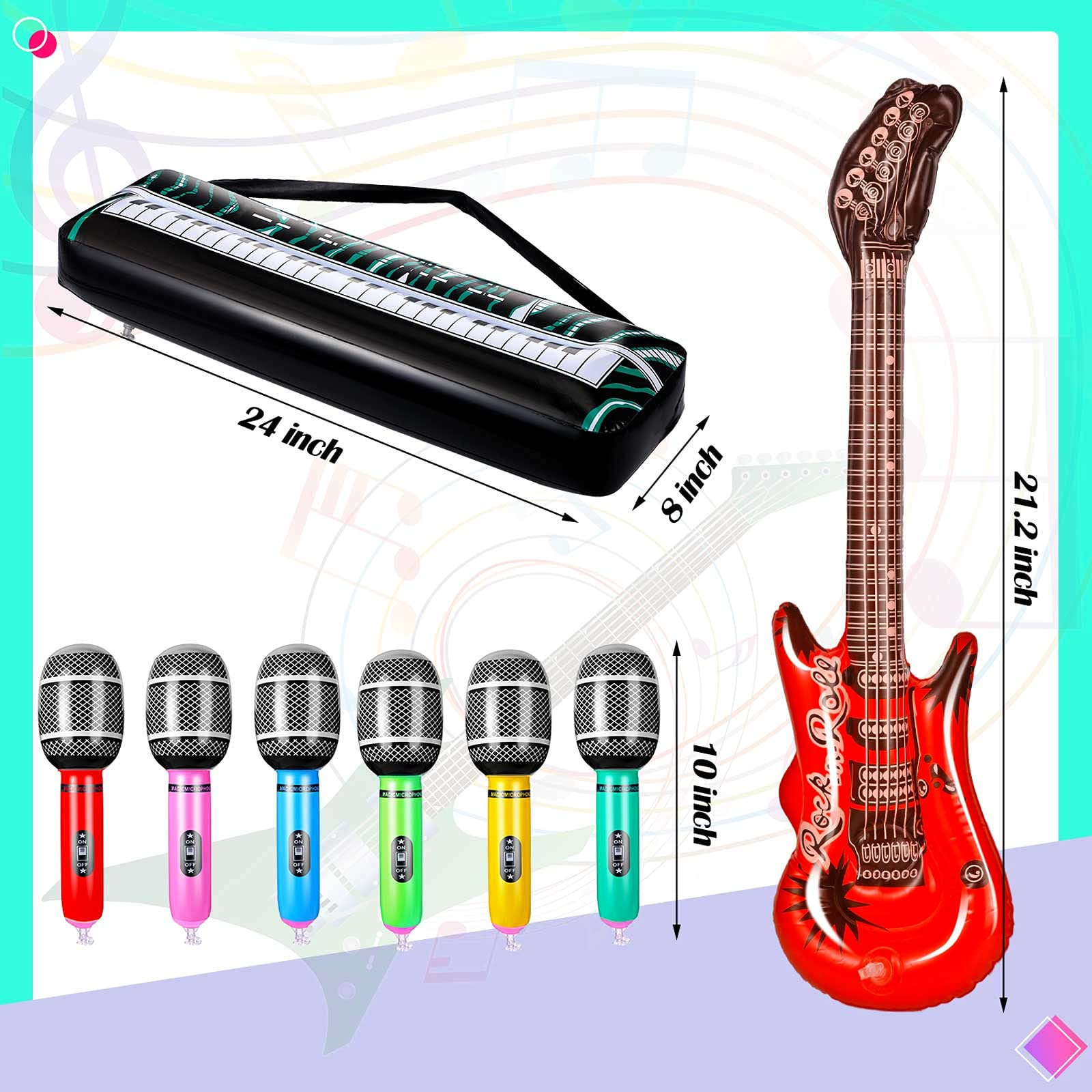 Inflatable Rock Star Toy Set 80s 90s Party Decorations Blow up Party Props Musical Instrument Include Inflatable Backdrop Banner, Microphone, Guitar, Bass and Keyboard for Rock Party Favor