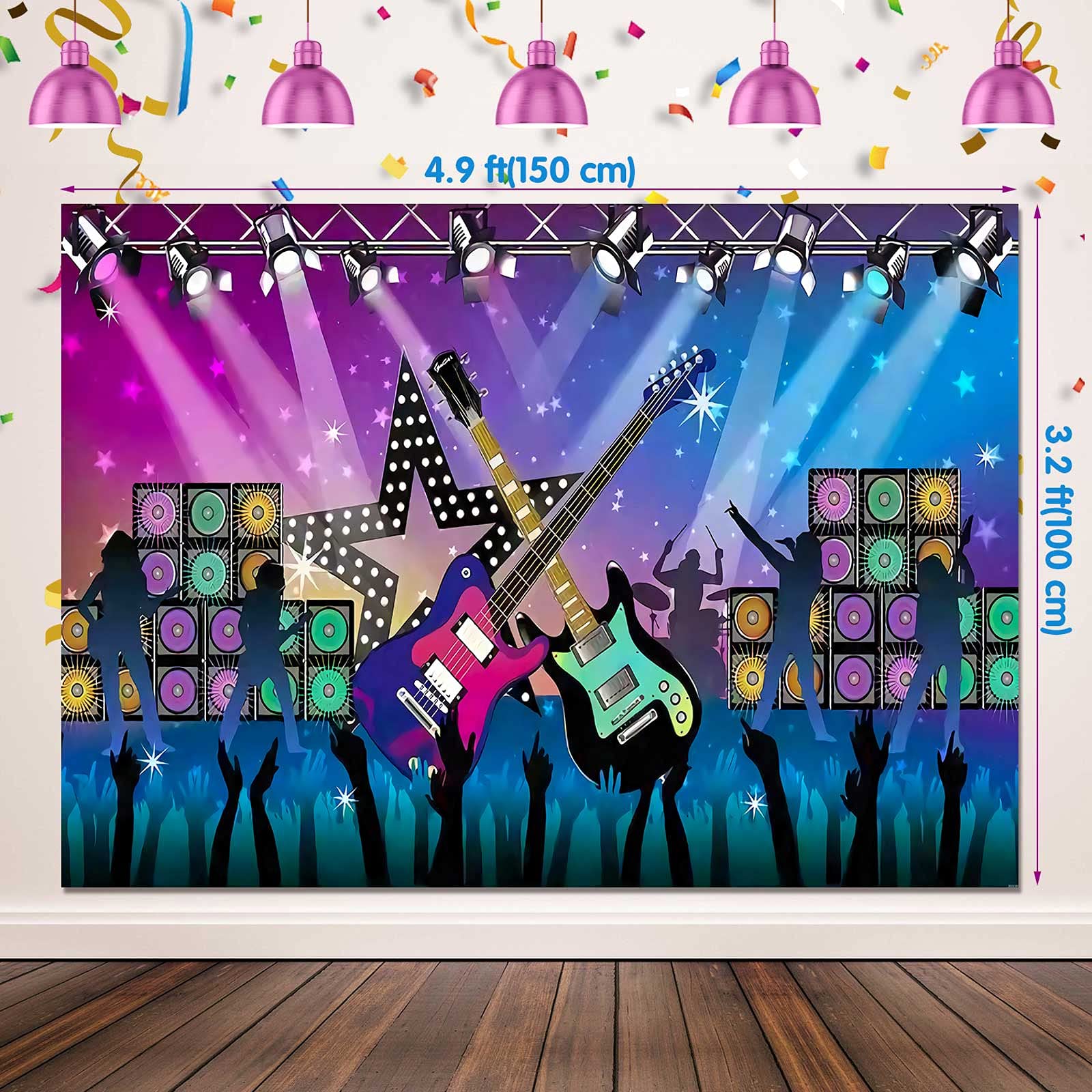 Inflatable Rock Star Toy Set 80s 90s Party Decorations Blow up Party Props Musical Instrument Include Inflatable Backdrop Banner, Microphone, Guitar, Bass and Keyboard for Rock Party Favor