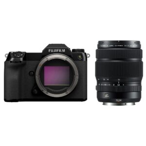 fujifilm gfx 100s medium format mirrorless camera, black with fujifilm gf 32-64mm f/4 r lm wr wide-angle zoom lens