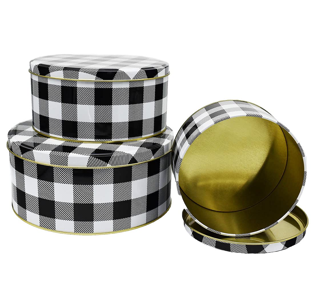 Black Duck Brand Set of 3 Round Holiday Decorative Nesting Tins - Largest Measures 8 in Diameter - Great For Storing Cookies, Brownies, and More! (White/Black)