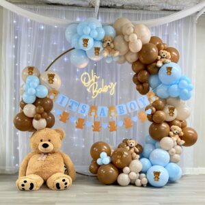 teddy bear baby shower decorations for boy- bear themed 121pcs brown blue balloon garland arch kit, it’s a boy banner, teddy bear stickers, coffee boho balloon arch, gender reveal