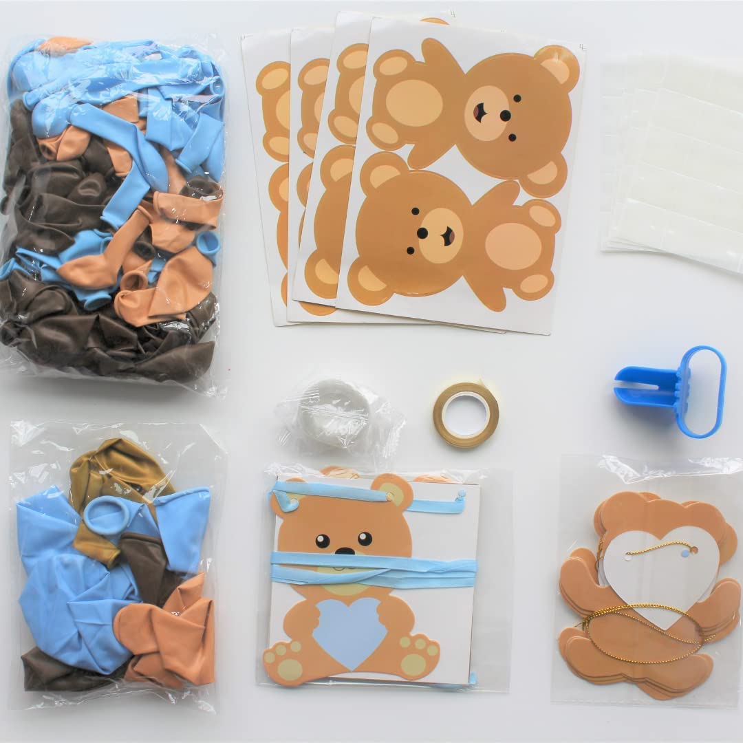 Teddy Bear Baby Shower Decorations For Boy- Bear themed 121pcs Brown Blue Balloon Garland Arch Kit, It’s A Boy Banner, Teddy Bear Stickers, Coffee Boho Balloon Arch, Gender Reveal