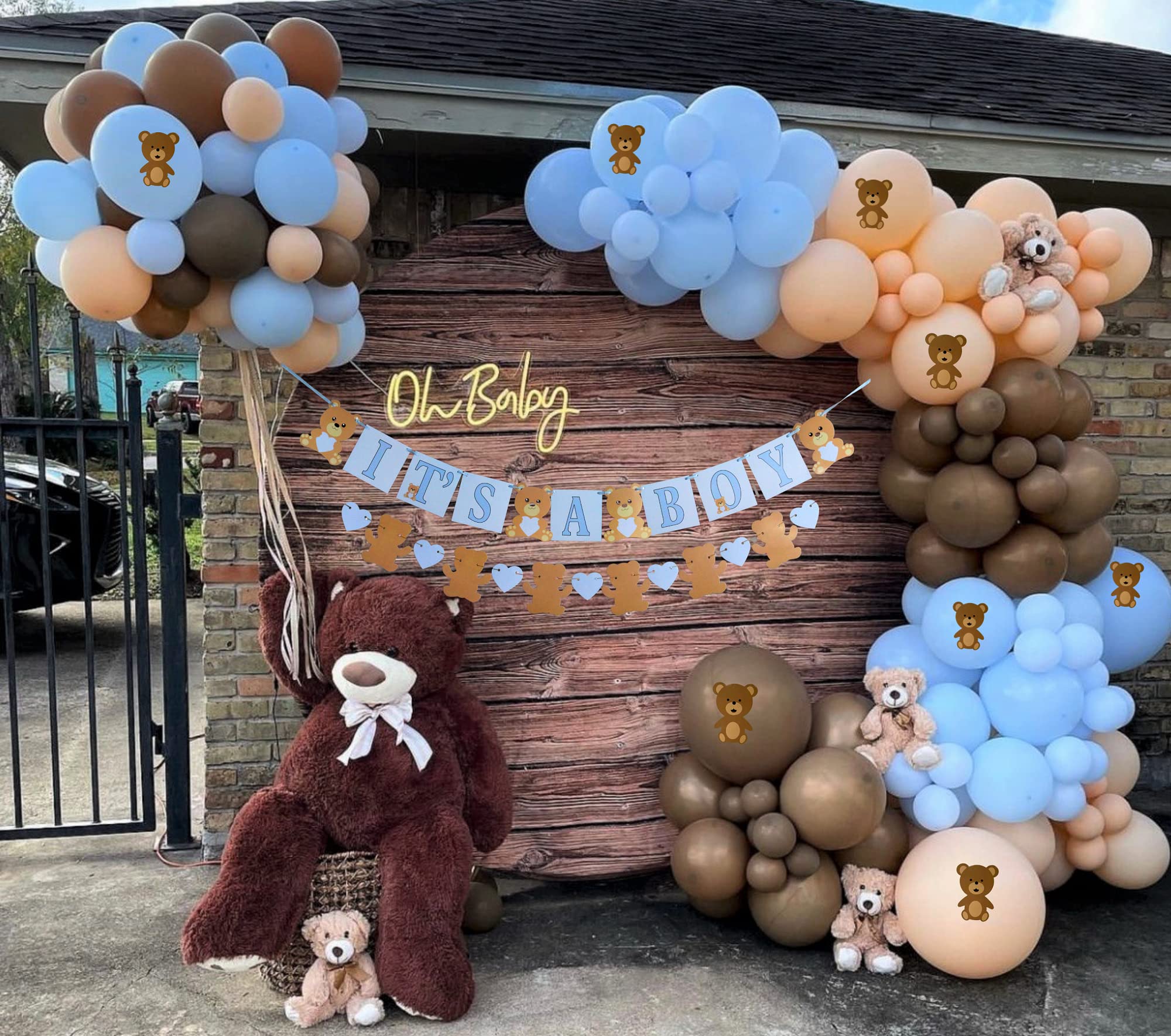 Teddy Bear Baby Shower Decorations For Boy- Bear themed 121pcs Brown Blue Balloon Garland Arch Kit, It’s A Boy Banner, Teddy Bear Stickers, Coffee Boho Balloon Arch, Gender Reveal