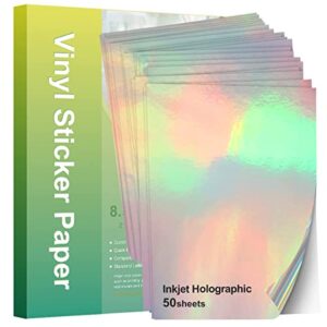 stampcolour 50 sheets holographic printable vinyl sticker paper for cricut,glossy decal paper,self-adhesive labels crafts,dries quickly tear resistant-for any epson hp canon sawgrass inkjet printer a4